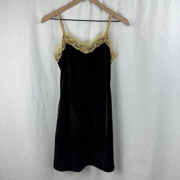 Aratta Silent Journey Brown Velvet Lace Trim Camisole Tank Dress Womens Size XS - Picture 1 of 15